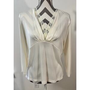 Parisian Signature Long Sleeve Top XL Silk Cotton Ivory Cream Lace Babydoll